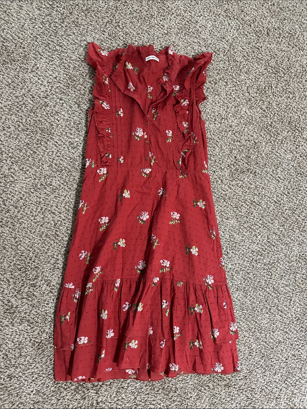 Ulla Johnson Red Floral Midi Dress with Ruffle Trim